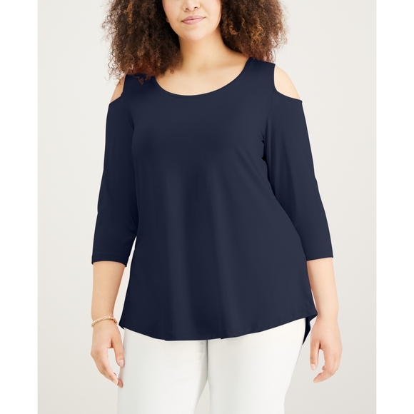 JM Collection Plus Navy Cold Shoulder Top - Plus Size Blouses - Picture 1 of 1